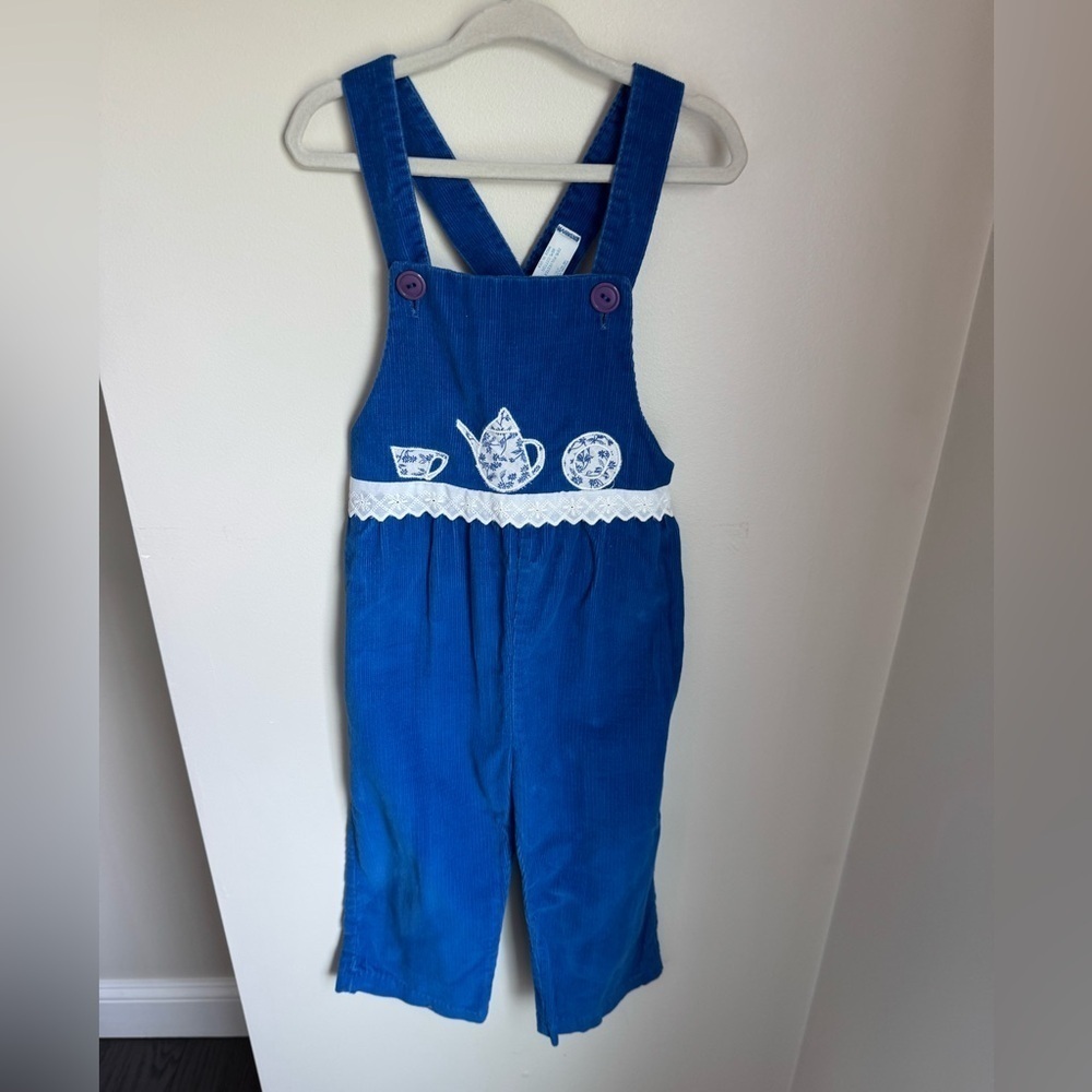 Vintage Thomas Velour Tea Cup Embroidered Overalls Size 4